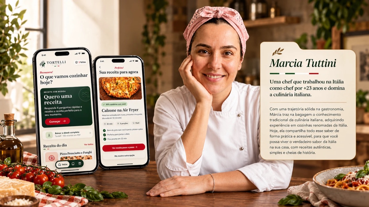 Chef Marcia Tuttini ao lado do app Tuttini aberto em dois celulares